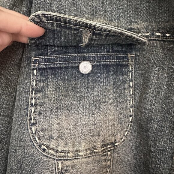 Y2K 90s VTG Demin Jacket Women 1X Crochet Embroidered Hippie Crest Jeans Western - Picture 6 of 13